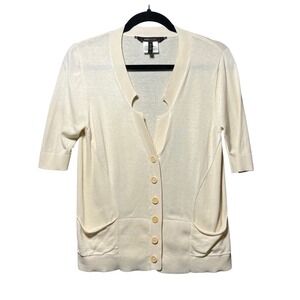 BCBGMAXAZRIA Silk Blend Button‎ Front Cardigan Cream Off White Elbow Sleeve M